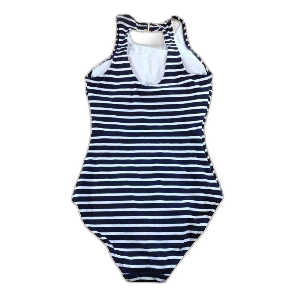 Lands End Navy Stripe High Neck UPF 50 Open Back Keyhole 1pc Swimsuit Women's S - Picture 5 of 10